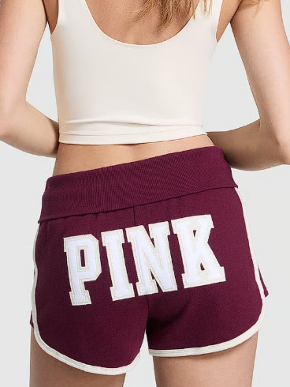 VS PINK Campus Terry Foldover Shorts Wild Rose White Logo At Back (L) NWT!